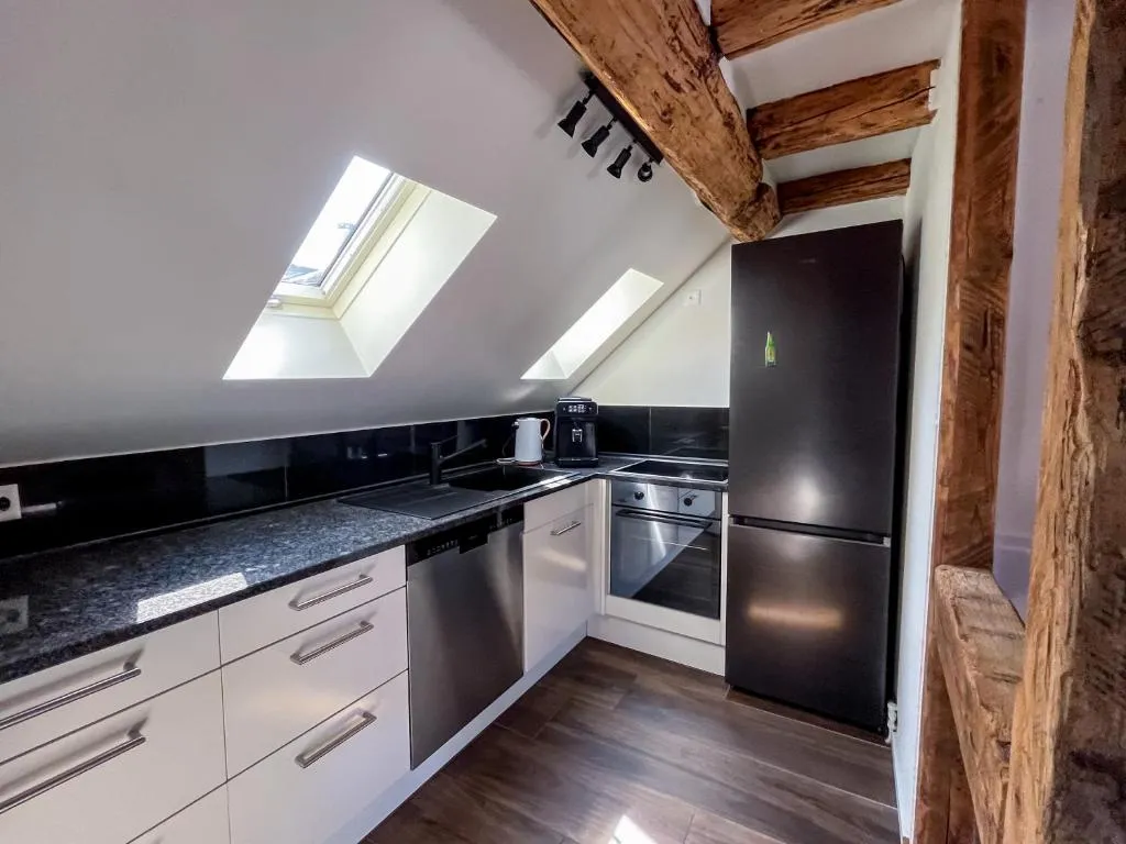 Apartment kitchen with fridge and hob at stattHotel Zurich